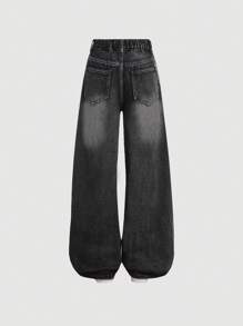 SHEIN Girlism Tween Girls Y2K 酷炫时尚水洗猫须斜口袋宽松阔腿牛仔裤，女孩秋装返校街头装 - 黑色 - 查看 2