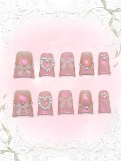 Kawaii 10pcs Handmade High-Quality Bowknot False Nails + 3pcs Double-Sided Adhesive, Removable Ombre Pink Hand-Painted Nail Stickers, French Style Niche Design With Decorative Lines And Rhinestones, Suitable For Parties, Dancing And Daily Wear