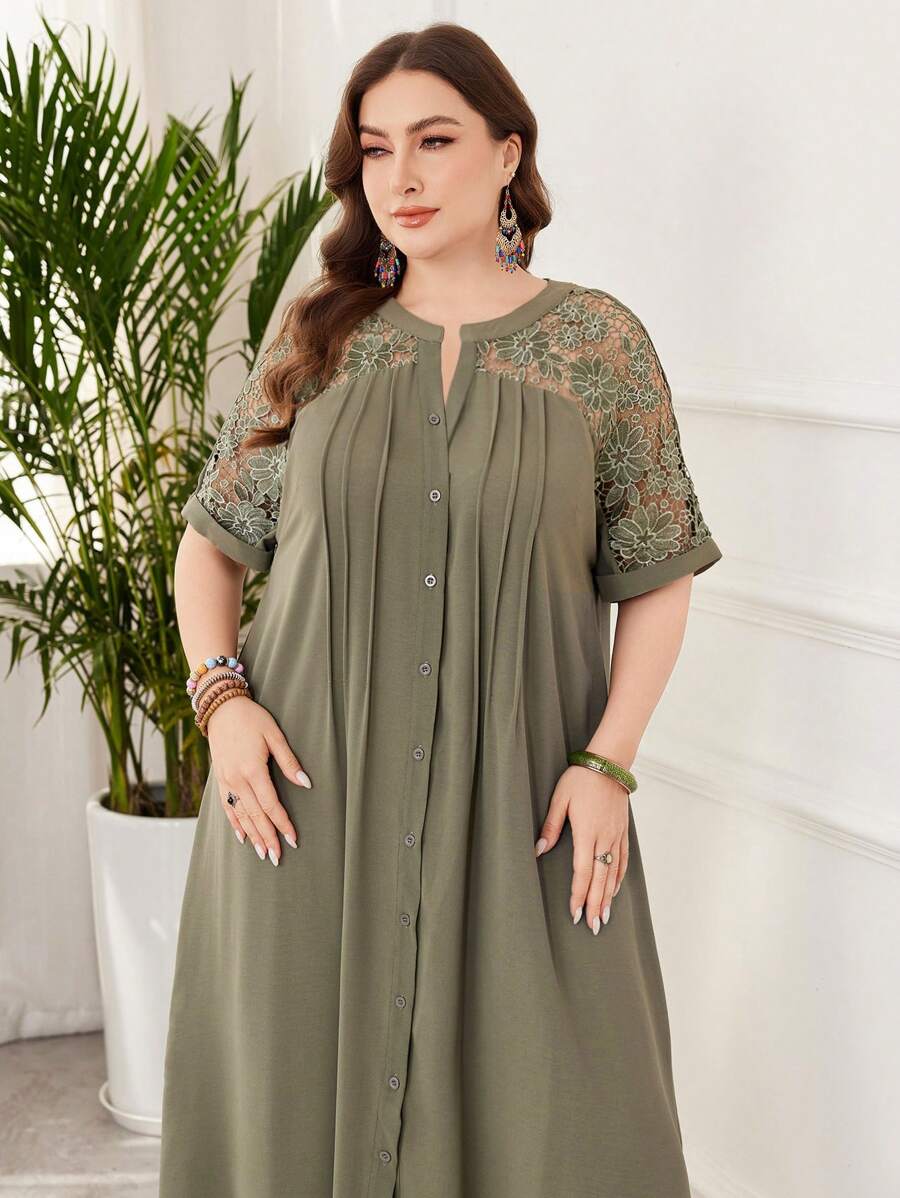 Lacomfia Plus Size Long Sleeve Solid Color Lace Patchwork Arabic Style Dress - Green - View 1