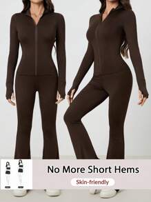 SHEIN Tall Women Brown Long Sleeve Top And Fitted Pants 2 Pieces Set - Brown - View 3