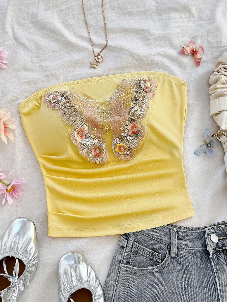 Soleia Cream Yellow Casual Vacation Western Beach Wedding Guest Graduation Brunch Women's Apparel St. Patrick's Day Spring Break Easter Music Festival Elegant Bohemian Tropical Graceful New Knit Texture Vacation Elegant Bustier Mesh Sequin Embroidered Blouse For Ladies - Yellow - View 1