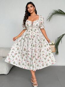 Flirla Plus Size Women Puff Sleeve Tie Waist Ditsy Floral Button Front A-Line Casual Dress, Elegant Vacation Dress - Multicolor - View 6