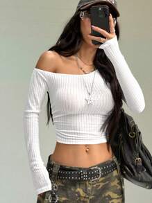 SHEIN EZwear Blusa de manga larga con cuello asimétrico, tejida, elástica y cómoda, para uso diario y salidas nocturnas, para mujer en primavera y verano - Blanco - Ver 4