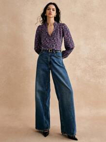 Poéselle Blouse moderne à imprimé rétro avec col en V profond pour femmes