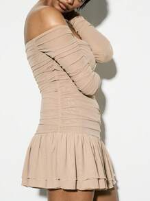 KIZN Bardot Long Sleeve Ruched Mesh Mini Dress With Ruffle Hem - Khaki - View 3