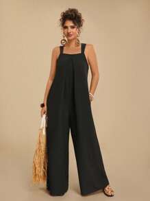 Travachic 大码女式休闲连体裤，带可调节肩带，蝴蝶结背部设计，口袋，宽松版型，适合夏季度假 - 黑色 - 查看 5