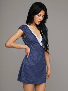 TRNVIE Neuer Frühlingsstil Vintage Französisch Damen V-Ausschnitt Spitzen Rüschen Polka Dot Muster Wickel Vorne Lässiges Straßen Mini Kleid