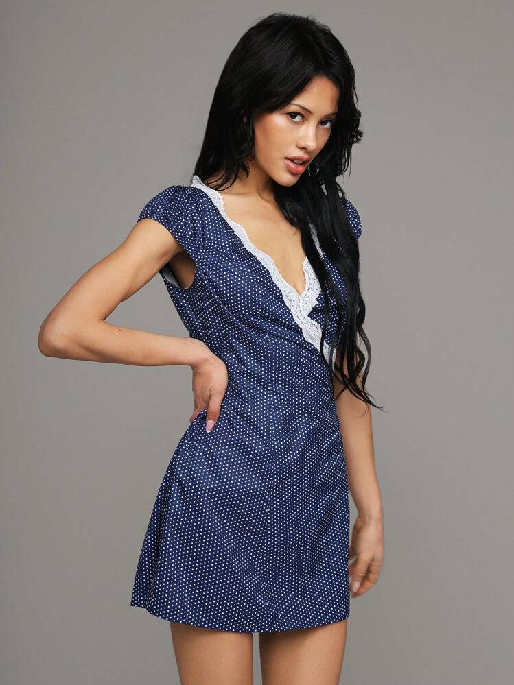 TRNVIE Spring New Vintage French Women V-Neck Lace Ruffle Polka Dot Print Wrap Front Casual Street Mini Dress,Vacation Outfits Woman - Blue and White - View 6