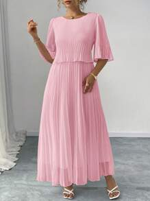 Elenzga Plus Size Elegant Solid Color Chiffon Pleated Dress For Ladies, Spring/Summer - Pink - View 5