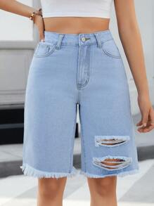 SHEIN Essnce Women's Pocket Ripped Raw Hem Casual Denim Shorts - Light Wash - View 1