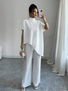 Elenzga 2 chiếc/bộ áo cánh và quần dài cổ đứng không đối xứng cho nữ - trắng - Xem 4