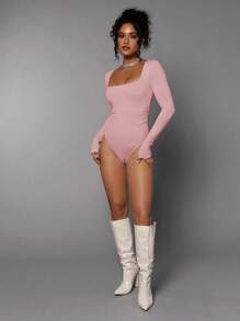 Silquee 女士方领长袖褶皱休闲紧身衣 - 藕粉色 - 查看 3