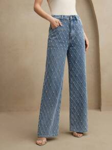 Anewsta Jeans rectos de mujer con piedras preciosas y bordados de lujo, ideales para festivales, uso casual y elegante