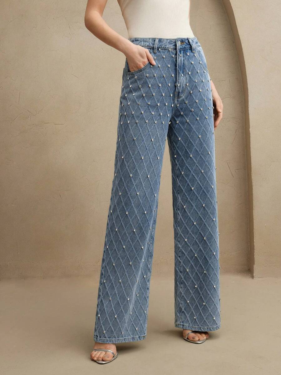 Anewsta 闪耀派对新款女士情人节/母亲节镶钻直筒牛仔裤 - 藍色 - 查看 1