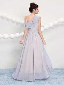 Poshira Abito da ballo da donna elegante di colore unito con scollo asimmetrico, decorazione floreale 3D, vestito da festa, vestito da invitata di matrimonio, vestito da ballo - Grigio - Visualizzare 3