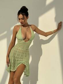 Aloruh 女士性感露背镂空迷你吊带针织连衣裙 - 綠色 - 查看 6