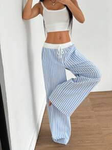 SHEIN EZwear Women's Drawstring Waist Striped Wide Leg Loose Casual Pants, Versatile