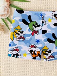 SHEIN Pantalones de baño cortos casuales y ajustados para bebé niño con estampado gráfico de un cachorrito nadando en el océano, apropiados para el verano