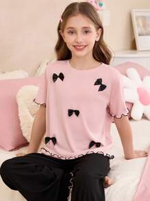 SHEIN Leap Crew Dozemod Tween Girl Tween Girls 甜美简约 3D 蝴蝶结装饰圆领荷叶边短袖长裤休闲舒适 2 件套睡衣套装 - 粉色 - 查看 1
