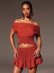 Athîral Women's Solid Colour Bardot Ruched Waist Top - Red - View 5