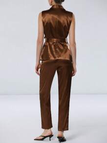 Aveloria Modichic Women's Satin-Trimmed Lapel Sleeveless Blazer Vest With Belt & Suit Pants Co-Ord Set, Elegant Luxury Commuting & Versatile Style
