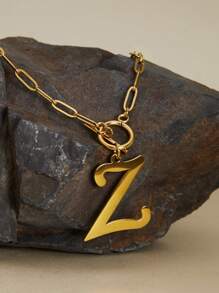 1件简约大字母吊坠经典不锈钢T形扣回形针链项链，女士圣诞节冬季礼物 - 金黃色 - 查看 3