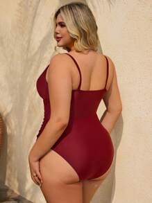 SHEIN CURVE+ Plus Size One Piece Solid Color Hollow Out Drawstring Ruched Sexy & Elegant Women Beachwear Swimsuit - Brown - View 2