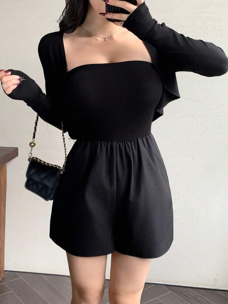 1 Set Solid Color Crop Jacket And Strapless Romper,Women Two Piece Sets