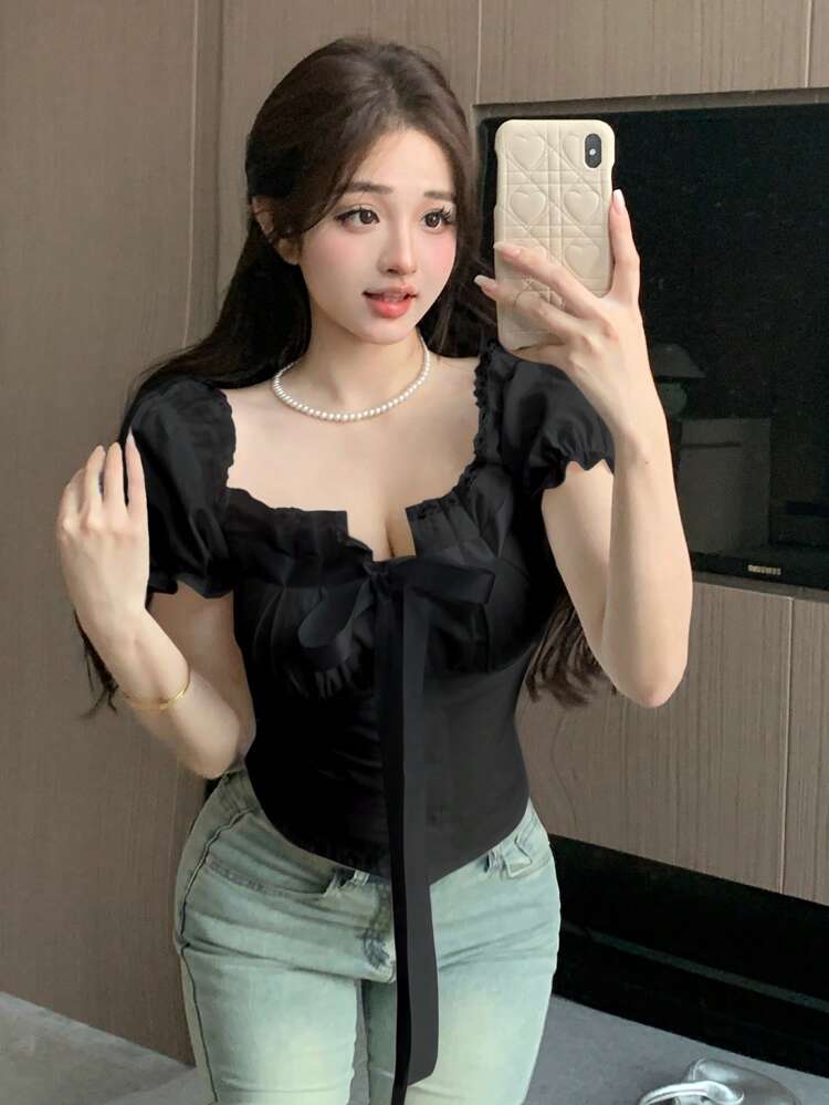Women's Off Shoulder Solid Color Bow Decor Short Sleeve Blouse Summer