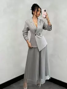 Elenzga Conjunto de blazer y falda de malla de corte regular y elegante para mujer, versátil para el trayecto al trabajo y uso en todas las estaciones. - Gris - Ver 1