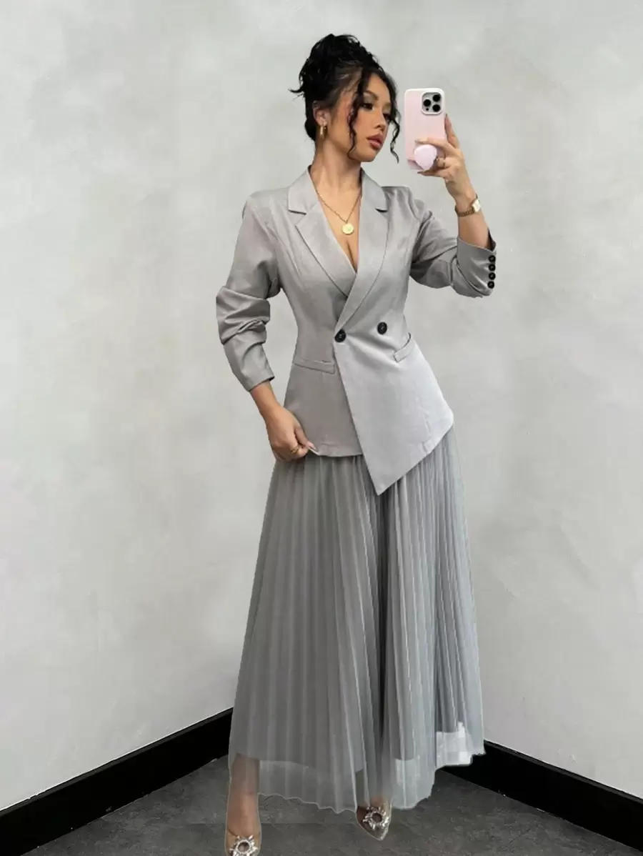 Elenzga Conjunto de blazer y falda de malla de corte regular y elegante para mujer, versátil para el trayecto al trabajo y uso en todas las estaciones. - Gris - Ver 1