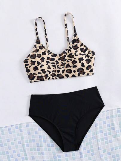 Tween Girl Leopard Print Spaghetti Strap & Solid Color Triangle Bottoms Bikini Set, For Beach Vacation