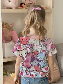 2025新款夏季少女可爱彩色小猫印花圆领短袖T恤