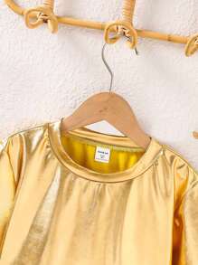 Sparklyn Tween Girls' Solid Metallic Crew Neck Short Sleeve Casual T-Shirt - Gold - View 3