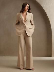 Anewsta Costume élégant décontracté pour femmes en automne, composé d'un blazer à col cranté à manches longues et d'un pantalon, de couleur unie, à simple boutonnage - Camel - Voir 4