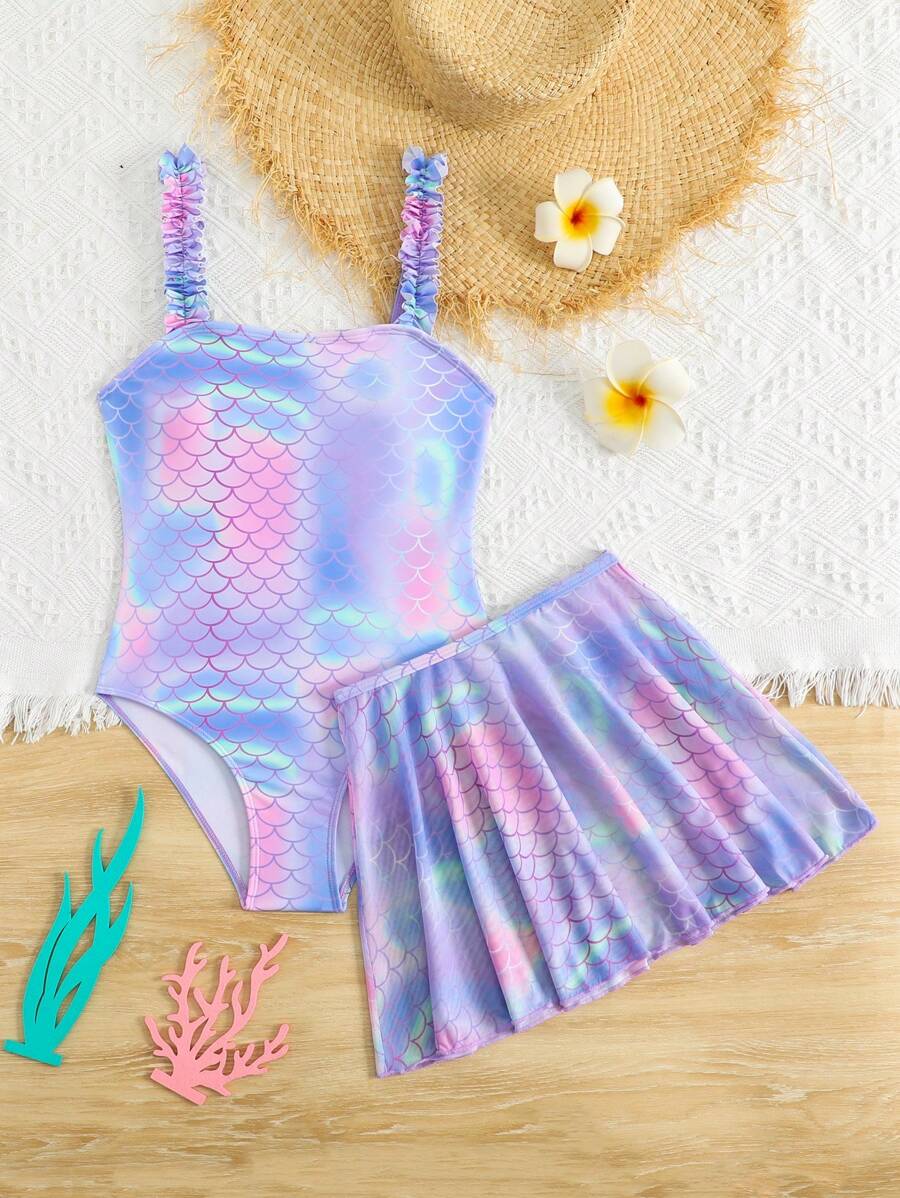 SHEIN Tween Girl Fish Scale Print One-Piece Swimsuit With Mesh Skirt - Multicolor - View 1