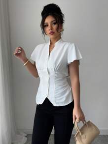 Selianne Elegant Romantic Vacation Women's Blouse With Stand Collar, Ruffle Sleeves, Ribbon Bowknot - White - View 5