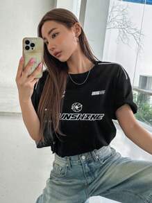 DAZY Letter Graphic Drop Shoulder Tee Jersey - Black - View 9