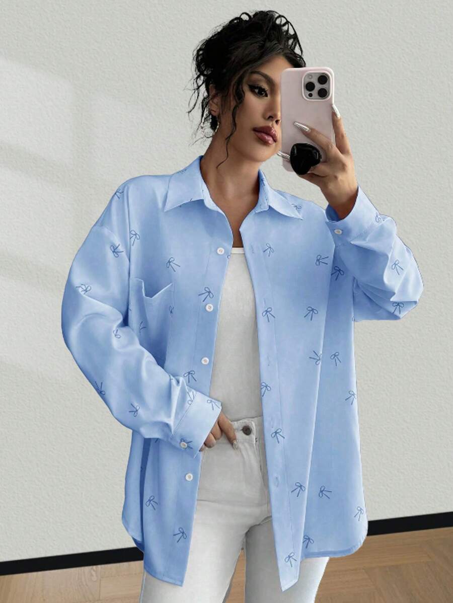 Chiquease Einfarbige lässige Bluse mit Schmetterlingsdruck, modisch für den täglichen Frauenkleidung - Babyblau - Übersicht 1