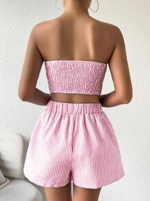 Breezaya Women Striped Ruched Asymmetrical Hem Top And Shorts 2 Pieces Set - Pink - View 2