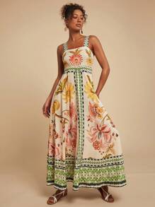 Travachic Vestido con tirantes espalda descubierta con estampado floral, adecuado para vacaciones, atuendos de verano para mujer, ropa de mujer para vacaciones tropicales, vestidos de verano para mujer
