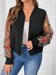 SHEIN Clasi Plus Size Women's Baseball Collar Patchwork Embroidered Mesh Sleeve Jacket - Black - View 3
