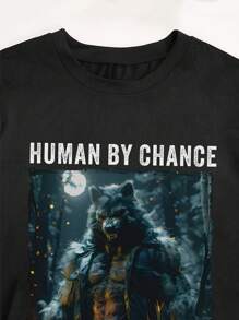 Unisex Alpha Wolf Sigma Graphic Print Round Neck Short Sleeve T-Shirt - Black - View 3