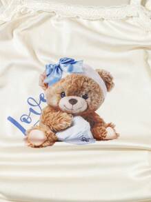 女童白色简约可爱熊印花背心和短裤两件套内衣 - 白色 - 查看 3