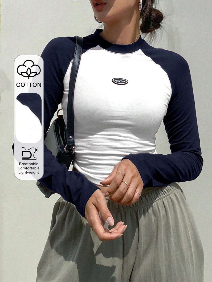 DAZY 女款插肩袖拼色拼接T恤长袖上衣 - 彩色 - 查看 1