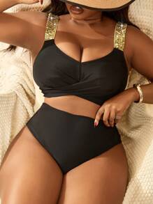 SHEIN Slayr CURVE Plus Size Women 2 Pieces Swimwear, Solid Color Cross Front High Waisted Bottoms, Minimalist Chic Beach Vacation Bikini