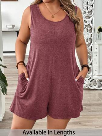 SHEIN PETITE CURVE Plus Size Women's Summer Solid Crew Neck Pocketed Casual Romper