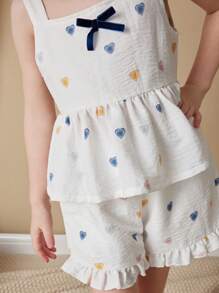 Blossori 年轻女孩法式优雅白色底色彩色心形印花短袖上衣和短裤两件套，春夏