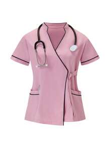 TaskEZ 2pcs Contrast Trim Casual Short Sleeve Top And Solid Color Pants Uniform Set, Scrub Sets - Pink - View 3