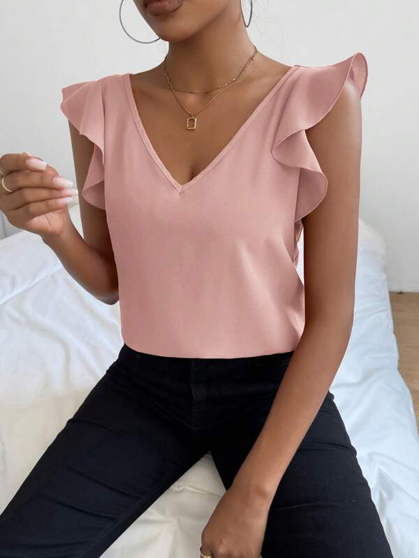 SHEIN Privé Einfarbiges Blusentop mit V-Ausschnitt, Rüschensaum und Flügelärmel, geeignet für den täglichen Sommertragecomfort